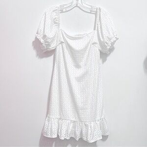 Speechless Boho White Embroidered Eyelet Ruffle Trim Puff Sleeve Mini Dress